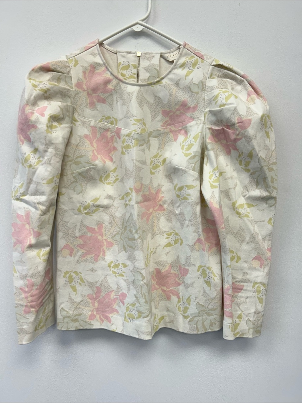 Ted Baker Floral Puff-Sleeve Long Sleeve Top in Ivory, Pink & Green